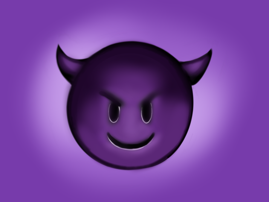 Against a purple background is the purple emoji with an ominous face and a pair of devil-like horns