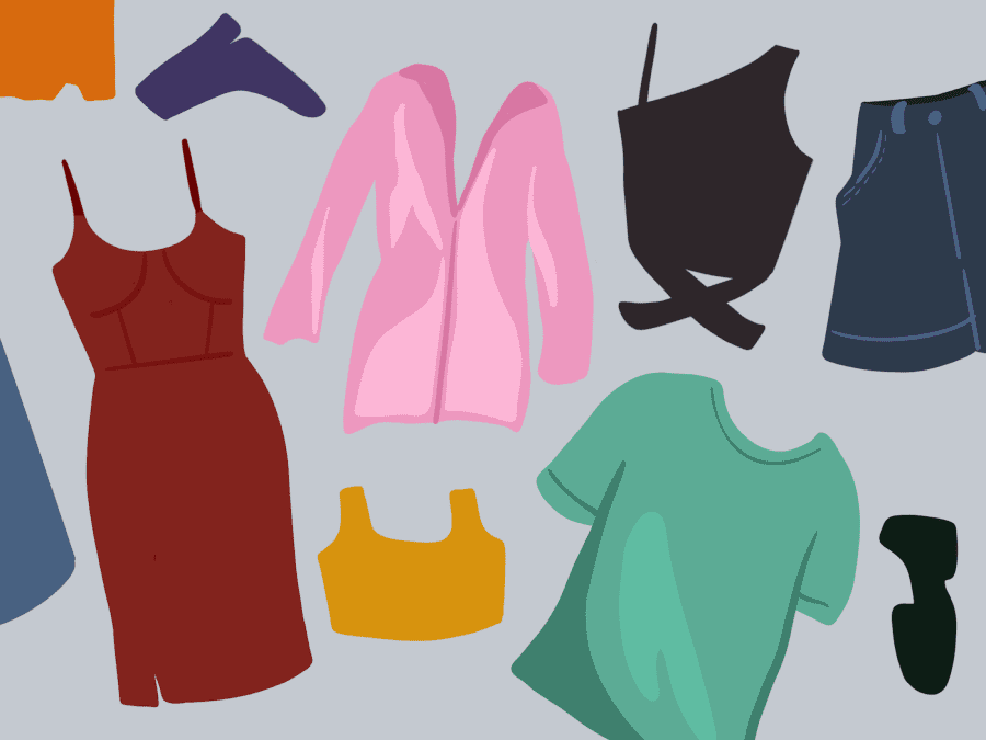 An illustration of clothing items against a gray background. Items include a pink and maroon dress, a green shirt, black heels, a black-wrap top, a jean skirt and purple heeled boots.