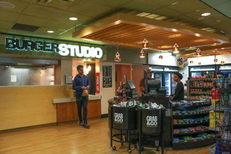 Shelves of snack foods and candy are located in the foreground with a green encounter labeled “Burger Studio” in the background.