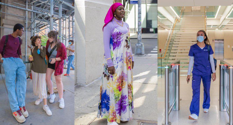 A collage of three images. On the left, three students chat outside Tisch. In the middle, a CAS student stands wearing a floral maxi dress. On the left, a nursing student in scrubs exits a building.