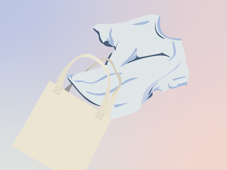 An illustration depicts a blue shirt coming out of a canvas tote bag. The background is a purple and blue gradient.
