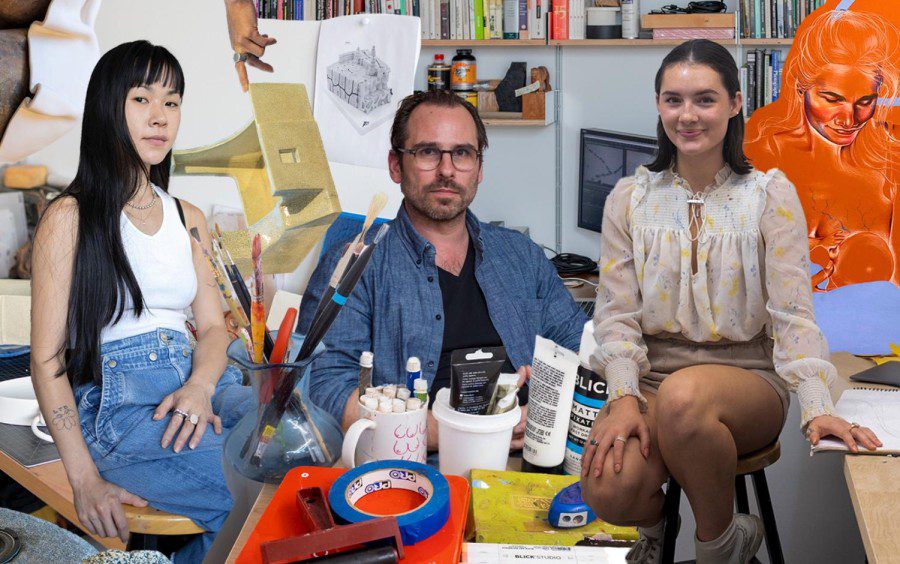 A collage of environmental portraits of studio artists. From camera left to right: graduate student Lizzy Chemel in her studio, Professor Anthony Graves in his home studio and undergraduate student Ella Zona in her studio.