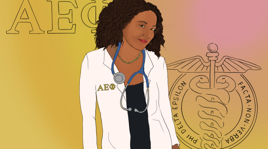 An illustration depicts Elleni Solomon standing while wearing a black dress, a white lab coat and a stethoscope around her neck. The background is a gradient of yellow and pink. There are logos of the sorority Alpha Epsilon Phi.