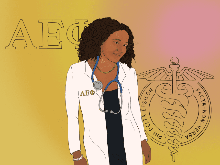 An illustration depicts Elleni Solomon standing while wearing a black dress, a white lab coat and a stethoscope around her neck. The background is a gradient of yellow and pink. There are logos of the sorority Alpha Epsilon Phi.