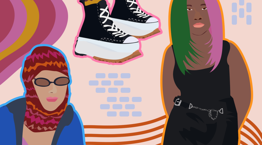 Three people are drawn in this illustration. On the bottom left, there is a close-up of a person wearing a red beanie with pink and orange stripes. On the top is a pair of black and white converse platforms outlined in pink. On the right is a person with split tone green and pink hair wearing a black tank top and black skirt. The background of the illustration is pink with patterned accents.