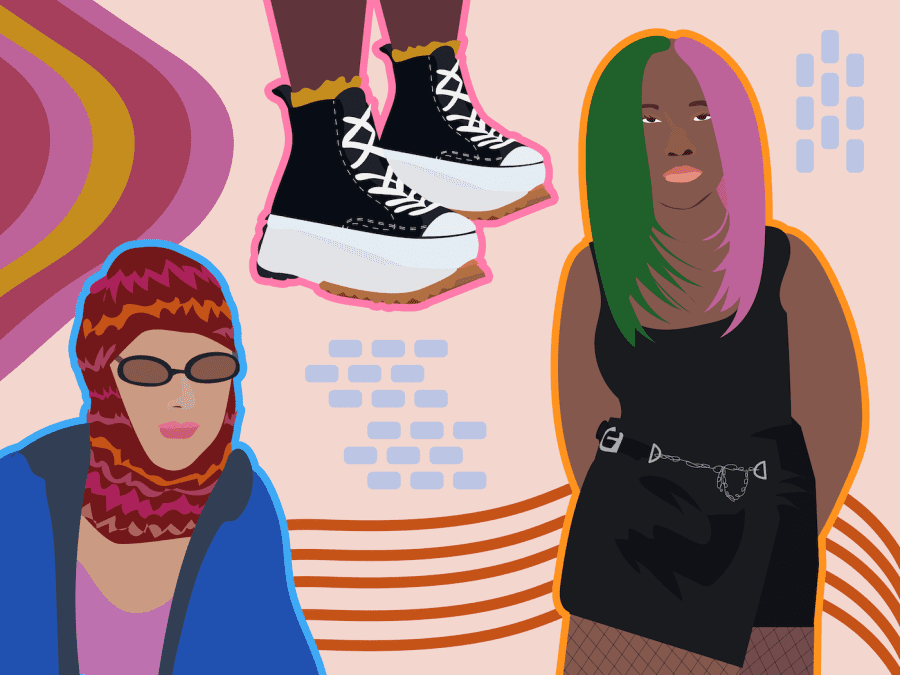 Three people are drawn in this illustration. On the bottom left, there is a close-up of a person wearing a red beanie with pink and orange stripes. On the top is a pair of black and white converse platforms outlined in pink. On the right is a person with split tone green and pink hair wearing a black tank top and black skirt. The background of the illustration is pink with patterned accents.