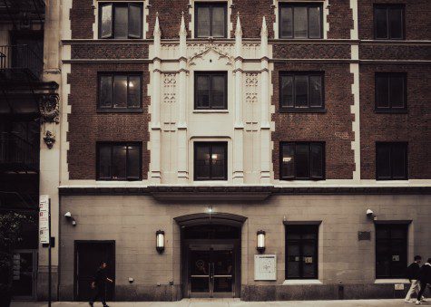 The entrance and facade of N.Y.U’s Brittany Hall dormitory.