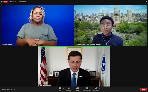 A screenshot of a Zoom meeting, with three people separated in three discussion boxes. The first person is a girl wearing a gray shirt; the second is a girl wearing a black shirt and eyeglasses; the third is Pete Buttigieg, wearing a suit with a blue tie. Buttigieg has a U.S. flag behind him.