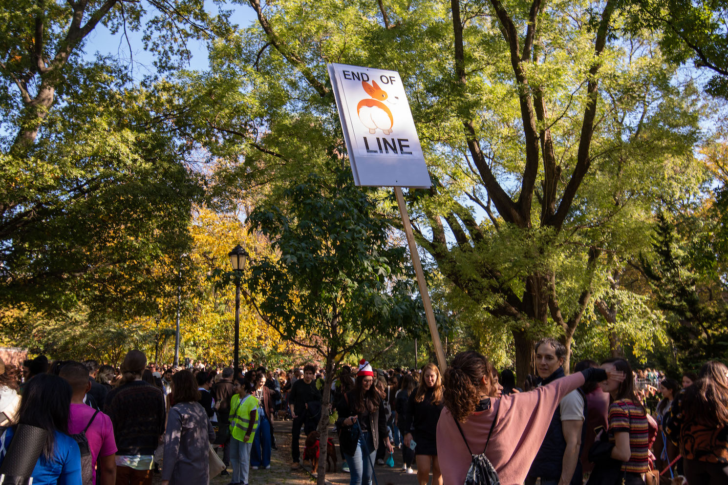 A large crowd of people walk through Tompkins Square Park as one person points to their right and holds a sign with an illustration of a corgi and text that says “END OF LINE.”