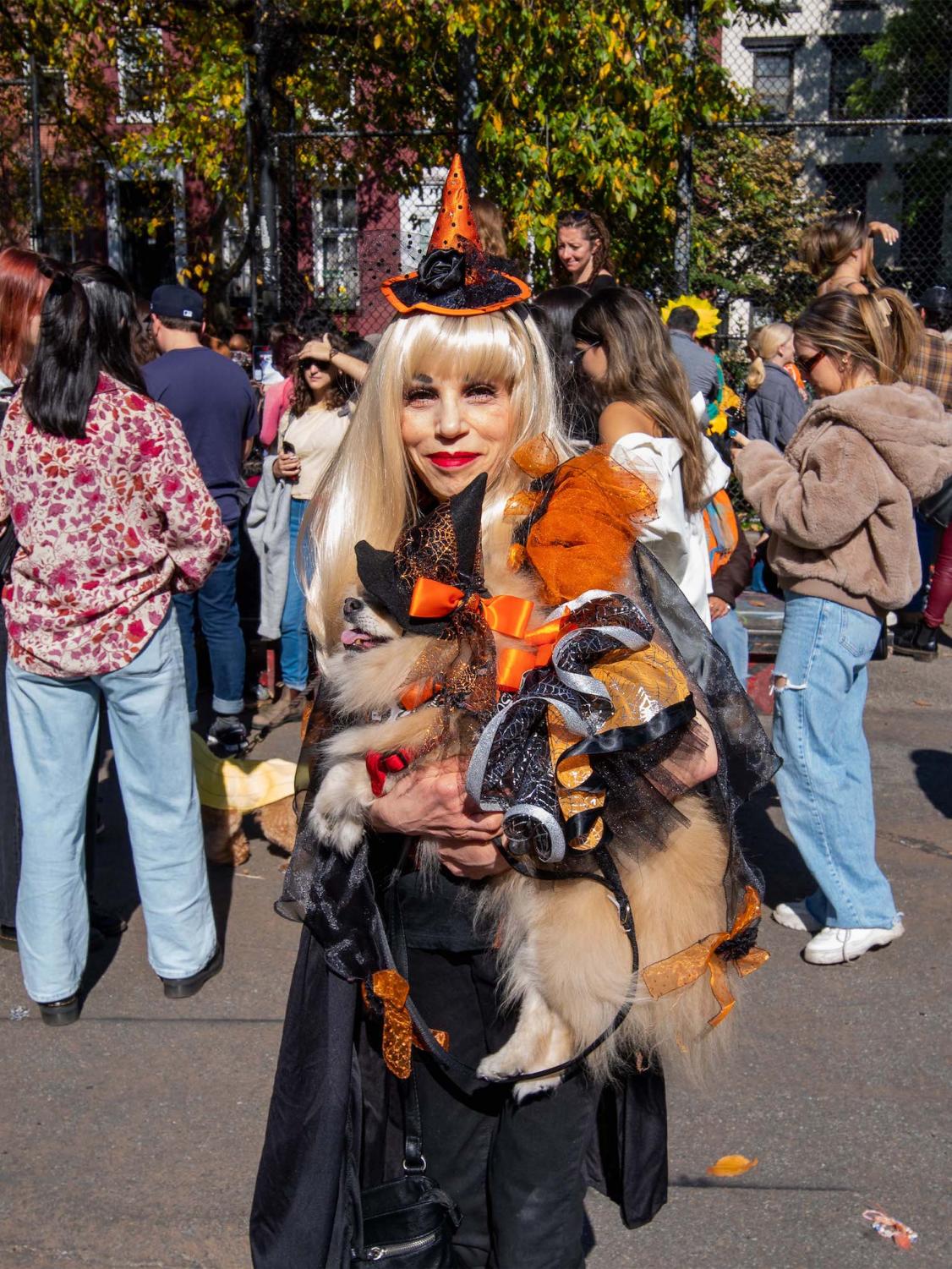 A dog owner wears an orange and black witch costume, and their dog wears a matching costume with a small witch hat, orange bow and black-and-orange tutu. A crowd of people stand in the background.