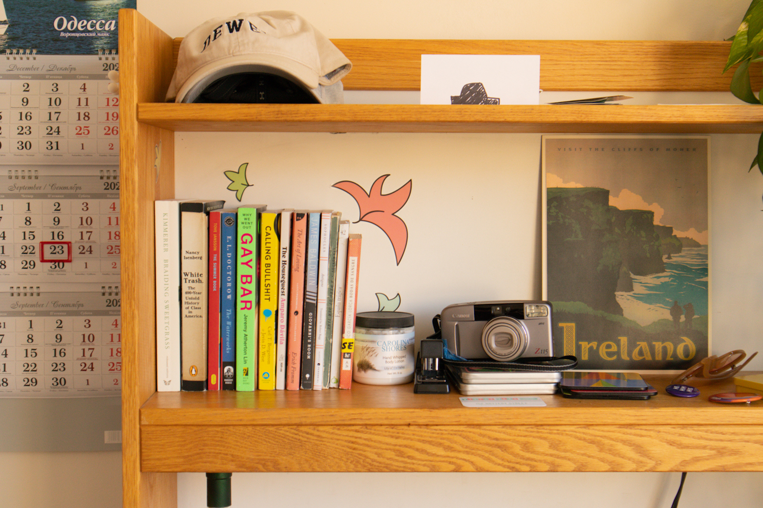 A shelf on a wooden desk with books, a stapler, a camera, and a poster on it.