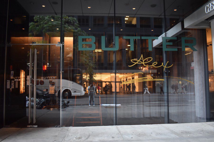 The glass exterior of Butter, located on 70 West 45th Street.