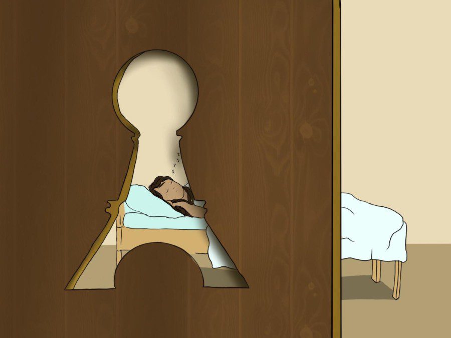 A+door+lock+shaped+like+the+Eiffel+Tower+on+a+wooden+door.+Behind+the+door+lies+a+female+student+sleeping+on+a+bed+in+a+room.