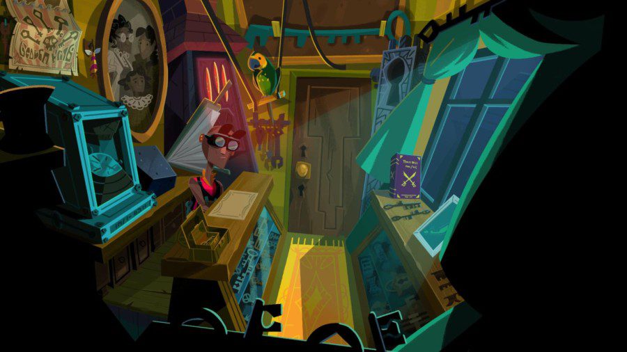 A still from the video game Return to Monkey Island depicts a locksmith wearing a pair of black goggles, standing behind the counter of a workshop. The workshop is decorated with various keys.