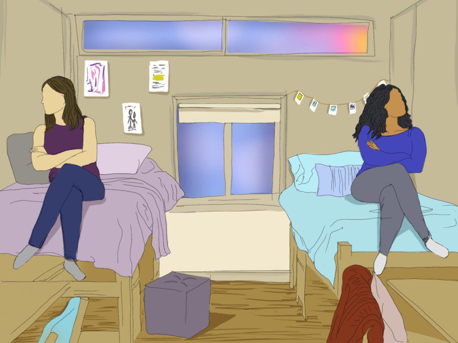 An illustration of a college dorm room with two beds and posters hanging on the wall. On the left side bed there are purple beddings and a girl wearing a purple tank top and blue pants. On the right side bed there are light blue beddings with a girl wearing a blue long-sleeve jersey and gray pants. Both of the girls are crossing their arms while turning away from each other facing the wall.