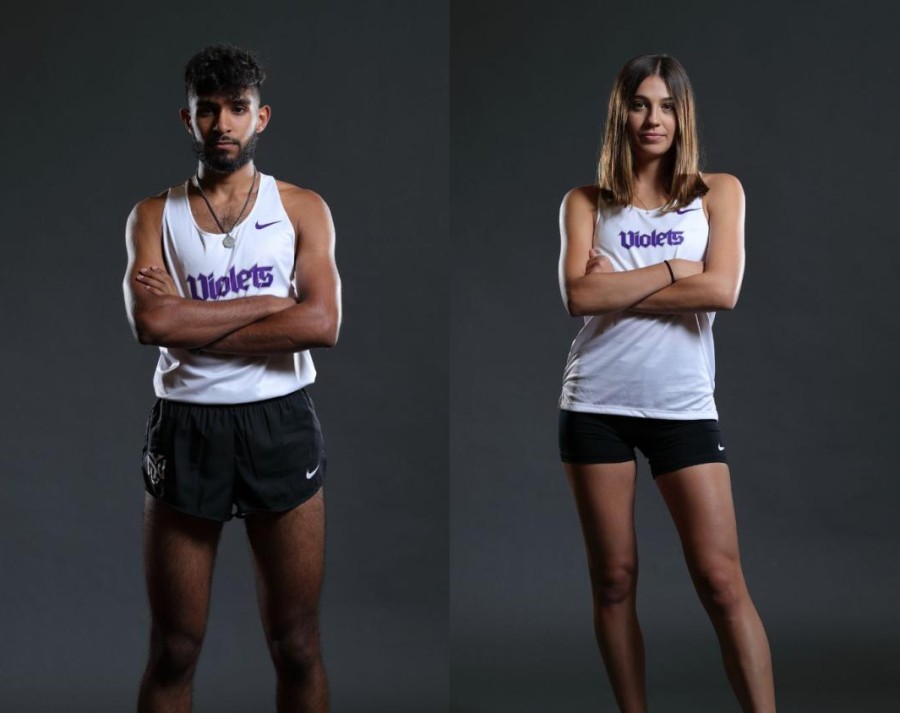 A collage made out of two pictures. On the left, a man crossing his hands, wearing black shorts and a white sleeveless shirt that has the word “Violets” printed on it. To the right, a woman wearing the same outfit.