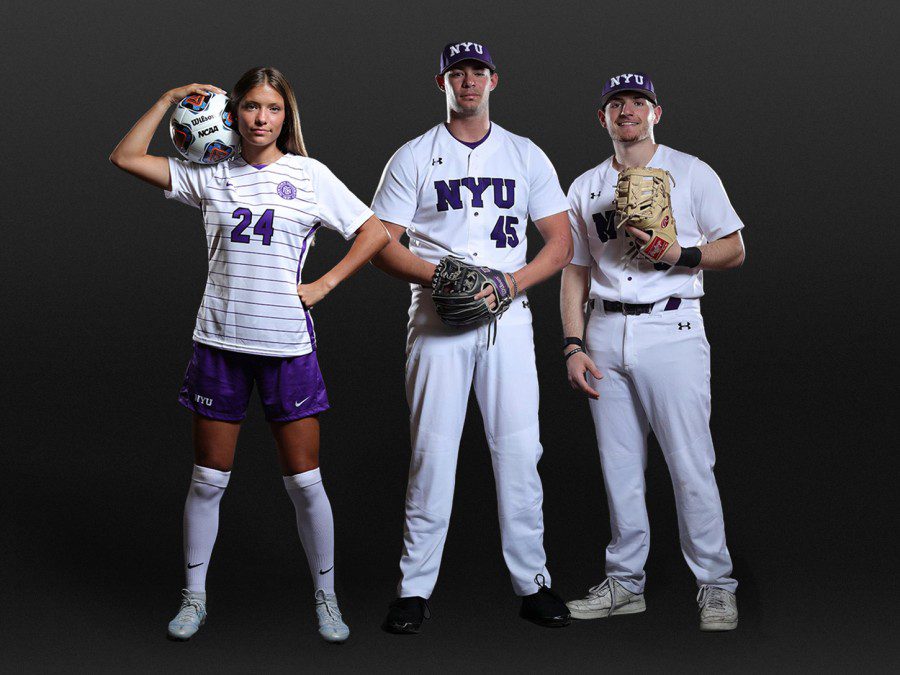 Liz Argenziano, Joe Argenziano, and Nick Argenziano pose looking at the camera against a black backdrop. They are all wearing white NYU Athletics uniforms. Liz is holding a soccer ball on her shoulder.