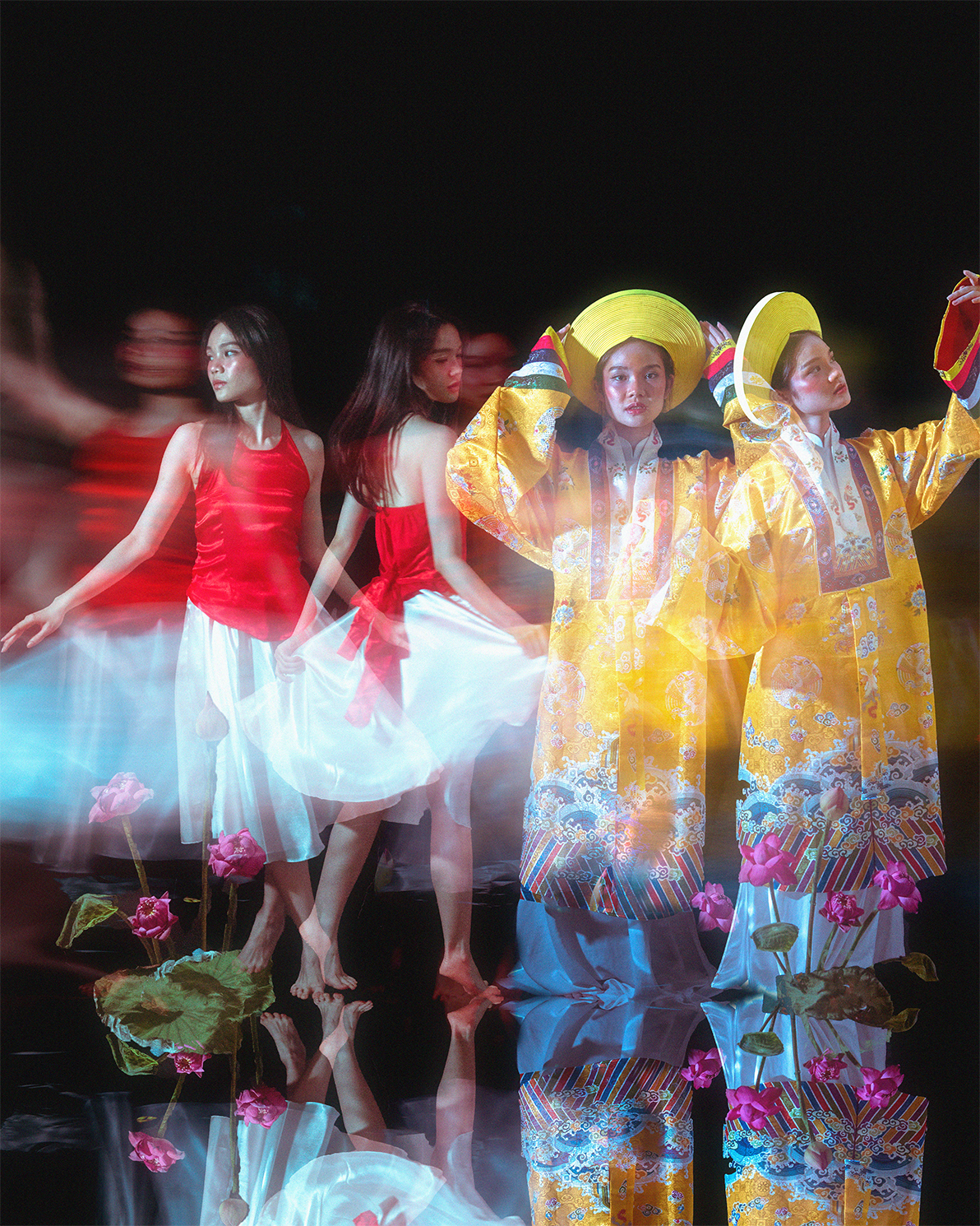 Photograph with multiple clones of a girl wearing a red top and white skirt spinning in a circle. To the right are clones of the girl in a yellow, flowery outfit. The clones are reflected onto the ground, where bright purple flowers sit.