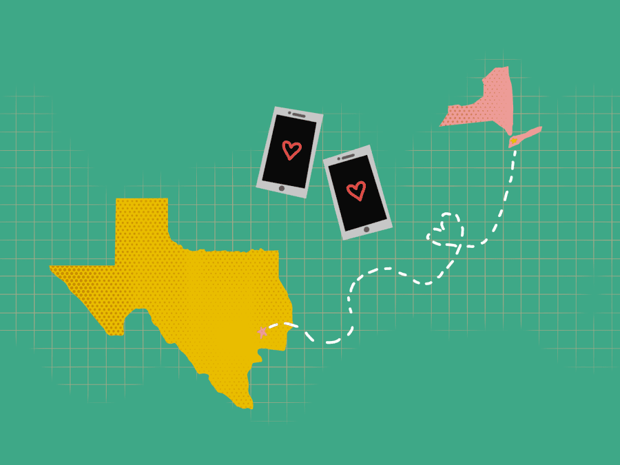 An illustration depicts two U.S. states connected by a dotted line. There are phones in the middle of the line.