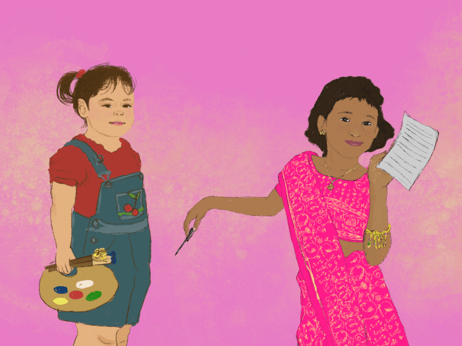 Lorena Campes and Nandini Gupta are illustrated as children against a pink background. Lorena is wearing a red shirt, blue overalls and holding a paint palette with two brushes. Nandini is wearing a pink saree and is holding a paper with written text.