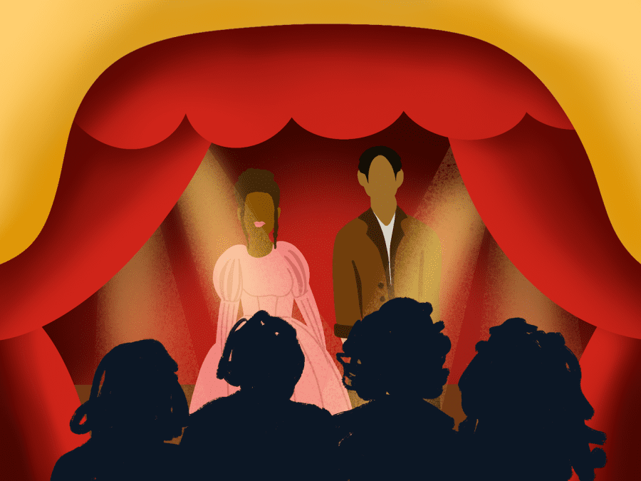 An illustration of a theater with red curtains drawn and a pair of two white actors on stage. Silhouettes of figures seated in the audience are in the foreground.
