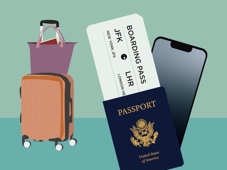 An illustration of an orange suitcase with a purple handbag on top, a United States passport, a boarding pass from New York to London, and a smartphone.