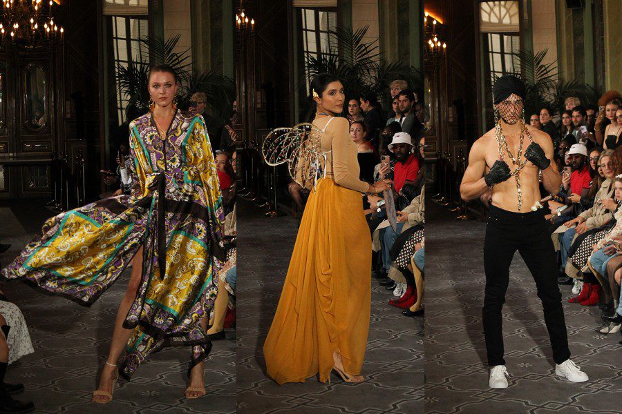 A+collage+of+three+runway+photos.+From+left+to+right%3A+A+model+dressed+in+a+purple%2C+green+and+gold+patterned+dress+walks+on+the+runway%2C+a+model+wearing+a+nude+top%2C+an+orange+dress+and+a+pair+of+silver+wings+walks+on+the+runway.+On+the+right%2C+a+model+wearing+a+turban%2C+veil%2C+chains+and+a+pair+of+black+pants+walks+on+the+runway.
