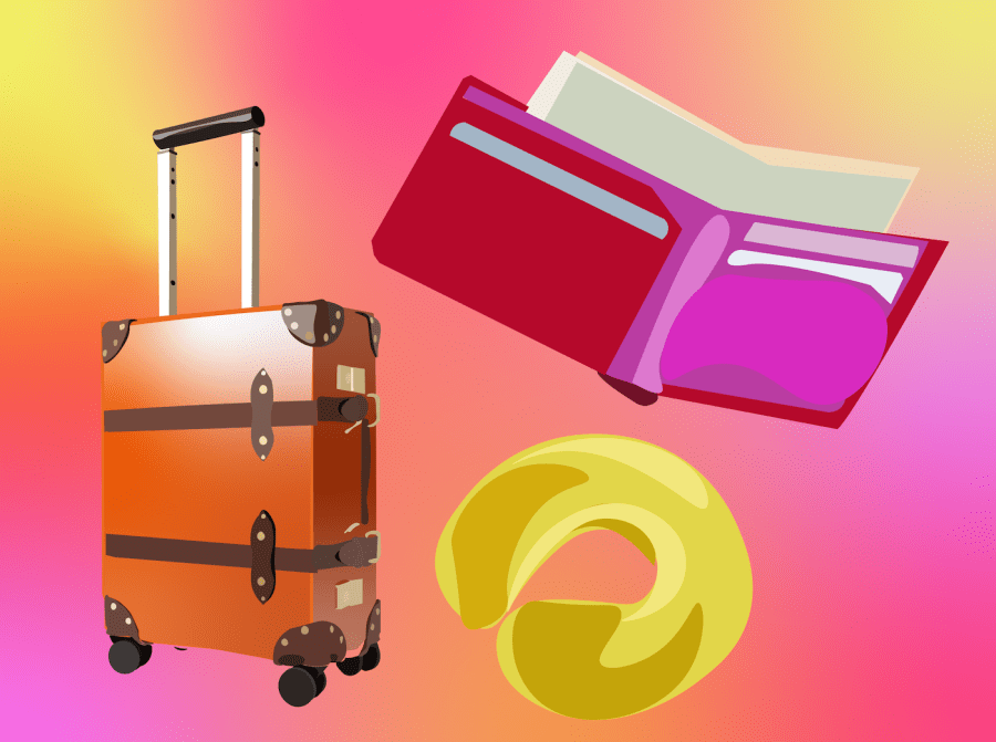 An+illustration+of+a+brown+leather+suitcase%2C+a+yellow+U-shaped+pillow+and+an+opened+purple-and-red+wallet+against+a+background+with+a+gradient+of+yellow%2C+pink+and+red.