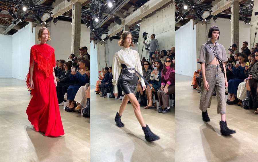 Triptych+with+three+models+walking+down+the+runway.+Woman+on+the+left+walks+down+the+runway+in+long+red+dress.+Woman+in+ half+walks+down+the+track+white+long+sleeve+t-shirt%2C+mini+skirt+black%2C+and+black+shoes.  +2C+pants+and+black+shoes.