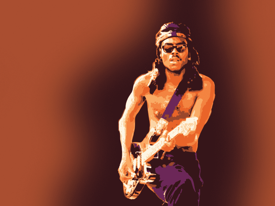 An illustration of musician Dev Hynes, shirtless, wearing a headband and sunshades and holding a bass guitar.
