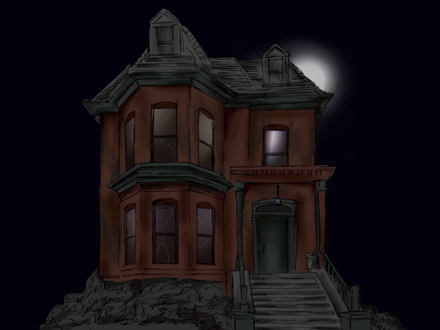 An illustration of a spooky looking brown, two-story house at night during a lightning storm.