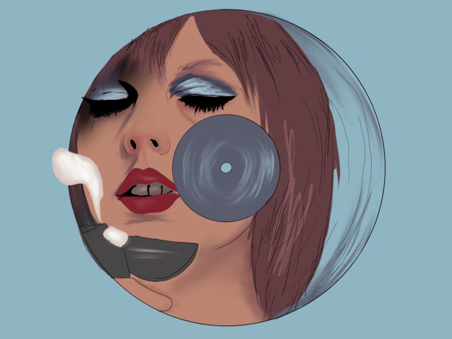 An illustration of a C.D. disk with Taylor Swift’s face drawn onto the cover against a light blue background.