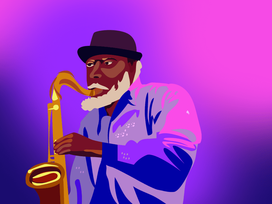 A portrait of musician and composer Pharoah Sanders dressed in a purple shirt and a black hat playing a saxophone against a purple background.
