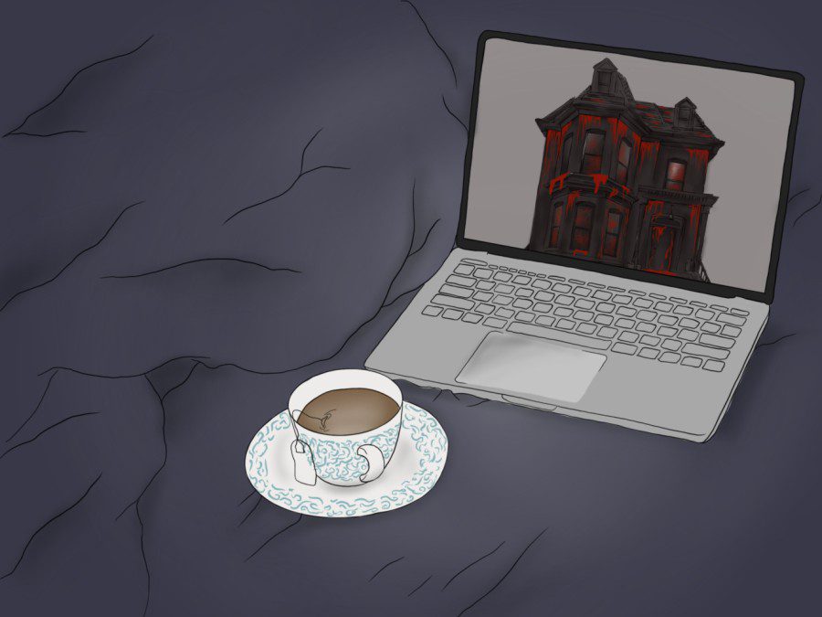 An+illustration+of+a+house+with+a+gray+exterior+and+blood+soaking+through+its+walls%2C+displayed+on+a+laptop.