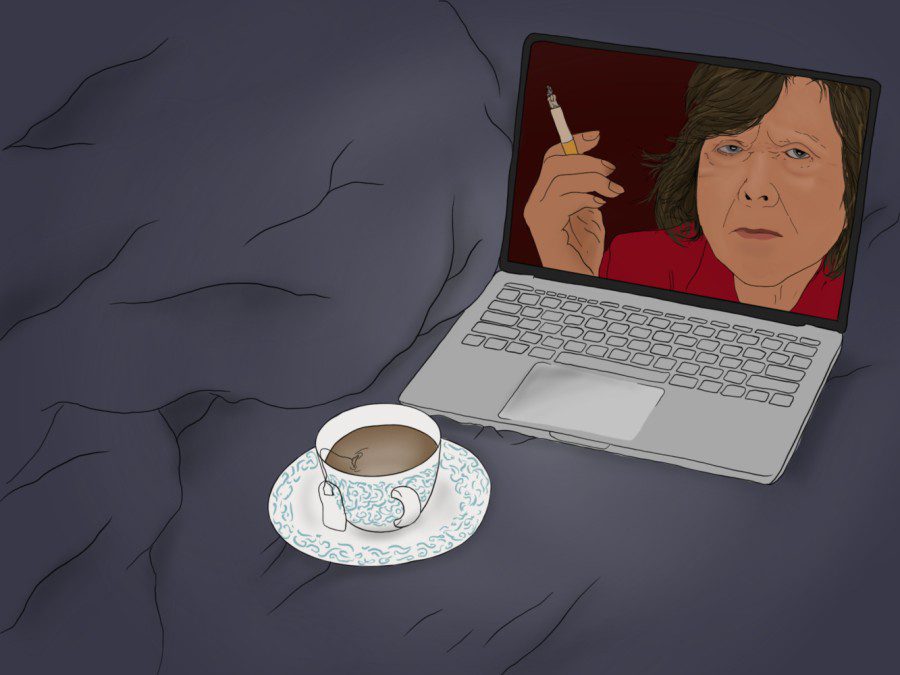 An illustration of a cup of tea and a laptop on a bed in a dark bedroom with the film “Lucky Grandma” playing.