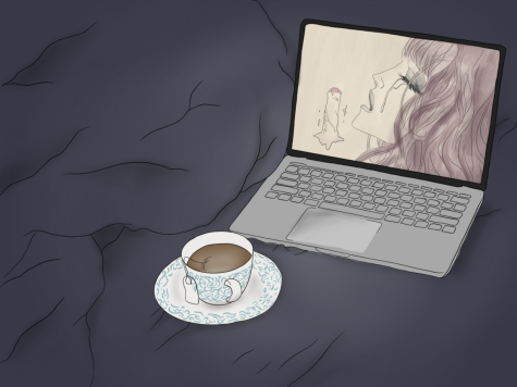 A cup of tea and a laptop placed on dark blue bedding with the laptop displaying a screenshot of the animated film “Belladonna of Sadness.”