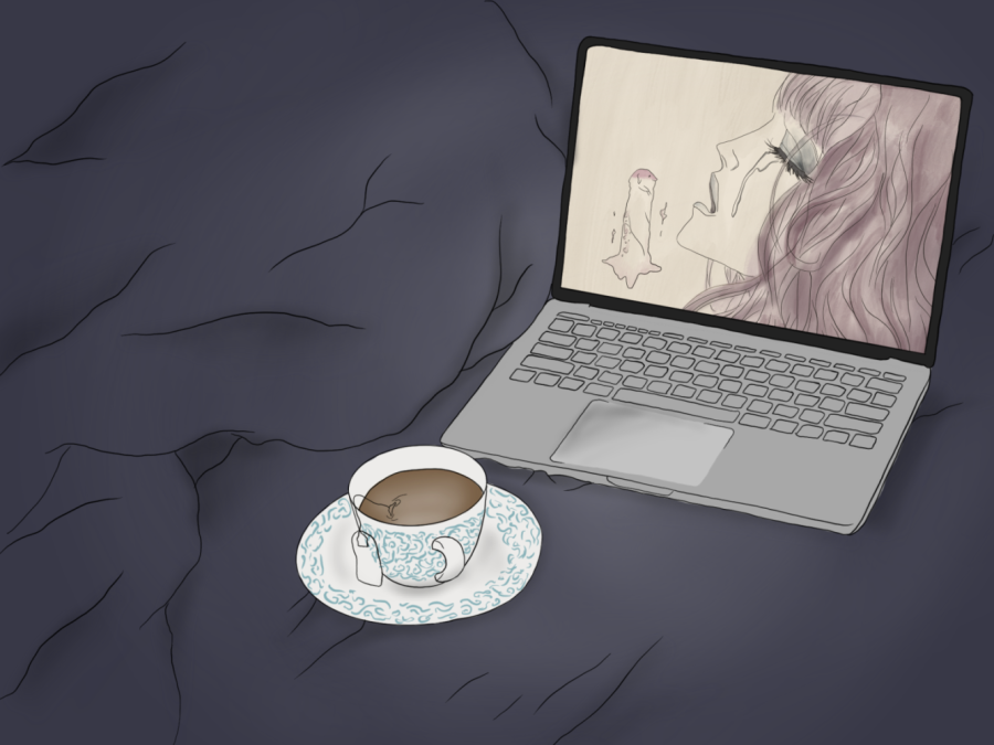 A+cup+of+tea+and+a+laptop+placed+on+dark+blue+bedding+with+the+laptop+displaying+a+screenshot+of+the+animated+film+%E2%80%9CBelladonna+of+Sadness.%E2%80%9D