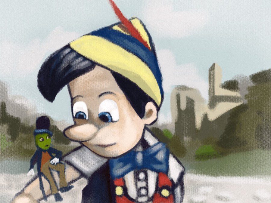 An illustration of the fairytale character Pinocchio, with a long nose, and and the character Jiminy Cricket, a cricket, sitting on his arm.