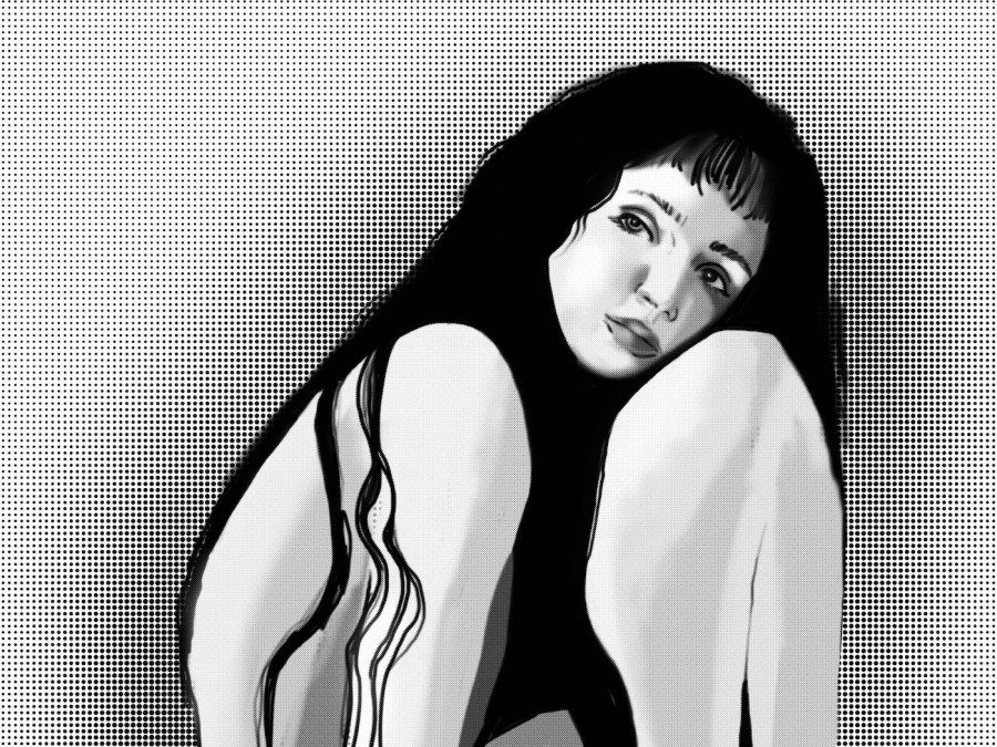 A black-and-white illustration of a young woman with long, dark hair and bangs sitting upright in a fetal position with her head on her knees. The background is made up of halftone black and white textures.