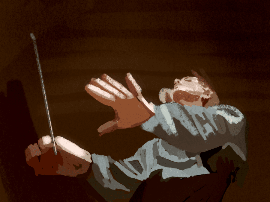 Illustration: Lydia Tár, played by Cate Blanchett, swings a conductor’s baton. She is illustrated with a smeared texture, and she wears mostly gray.