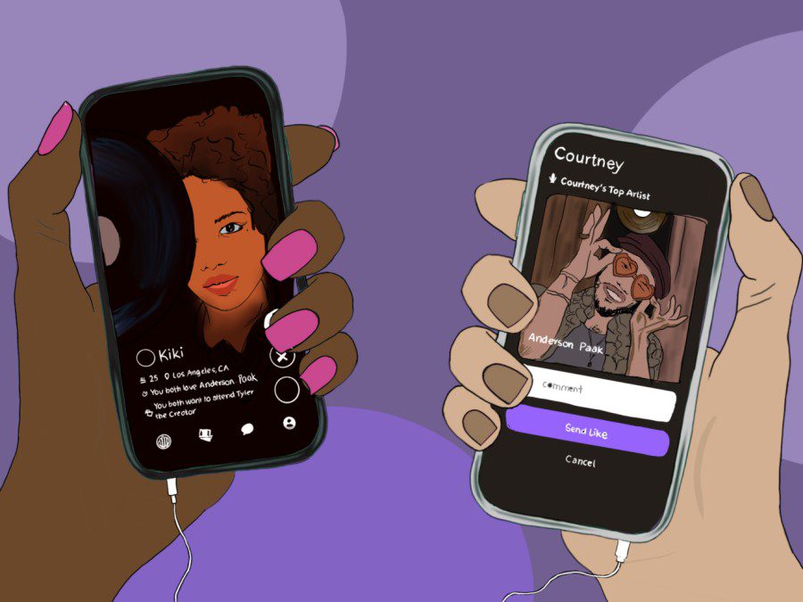 An illustration of two hands holding phones using “Beatmatch,” a new dating app.