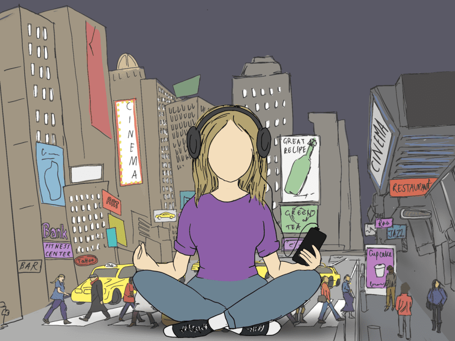 An+illustration+of+a+female-presenting+figure+sits%2C+with+legs+crossed%2C+listening+to+music+with+black+over-ear+headphones.+In+the+background%2C+a+urban+landscape+approximating+Times+Square+in+New+York+City.+The+signs+in+the+background+read+%E2%80%9CCinema%2C%E2%80%9D+%E2%80%9CBank%2C%E2%80%9D+%E2%80%9CFitness+Center%2C%E2%80%9D+%E2%80%9CTattoo%2C%E2%80%9D+%E2%80%9CArt%2C%E2%80%9D+%E2%80%9CGreat+Recipe%2C%E2%80%9D+%E2%80%9CGreen+Tea%2C%E2%80%9D+%E2%80%9CRestaurant%2C%E2%80%9D+%E2%80%9CJazz%E2%80%9D+and+%E2%80%9CCupcake.%E2%80%9D