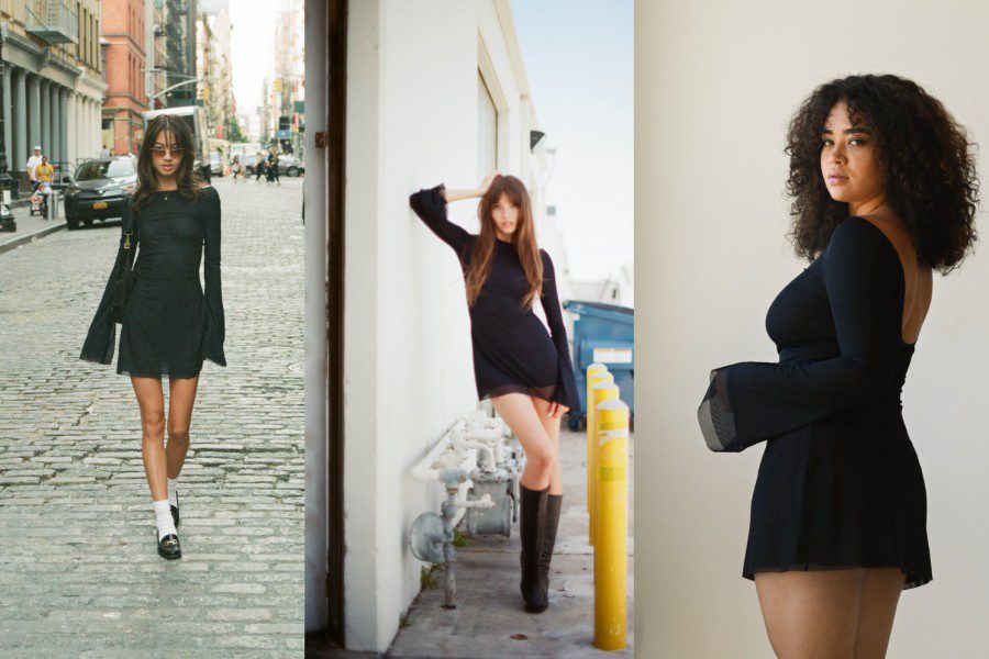 A collage of three photos: on the left is a female wearing sunglasses and a black dress walking down a stone road; in the middle is a female wearing a black dress and boots leaning against a white wall; on the right is a female wearing a black dress turning her head back at the camera.