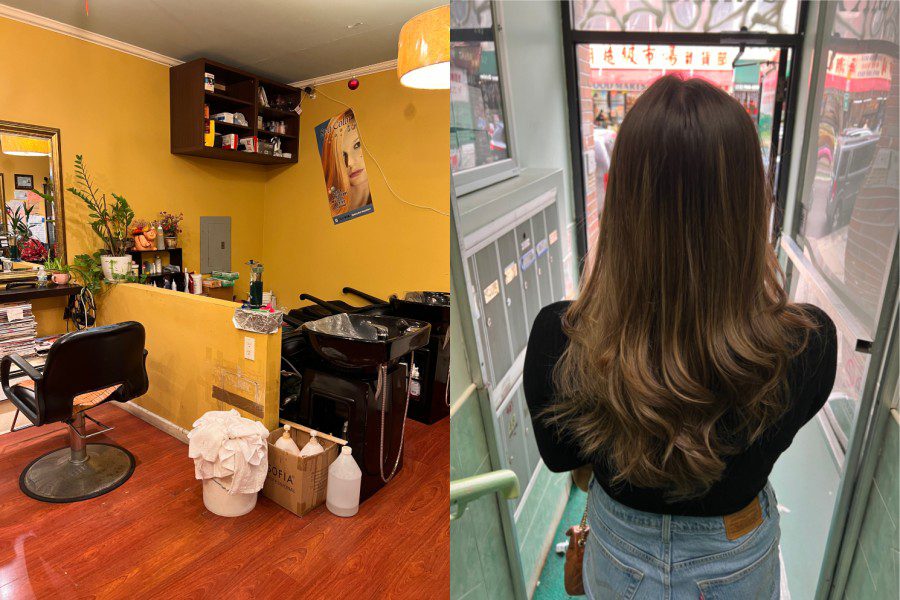 A collage of two photos: First, the interior of a barbershop with yellow walls; second, the back of a person wearing a black top and blue jeans. She has straight brown hair with curls on the end and blond highlights.