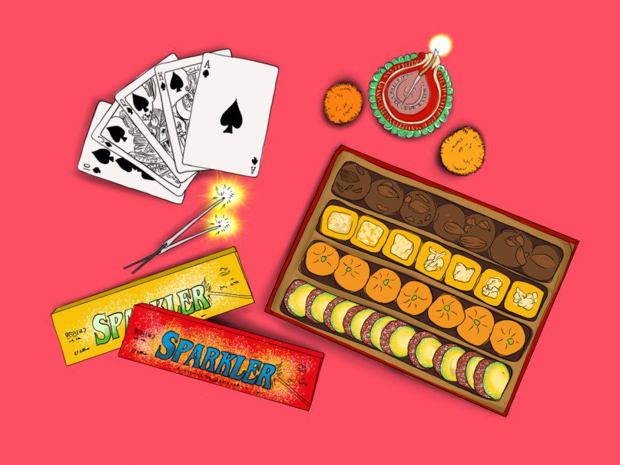 An illustration of a box filled with small pastries, two boxes labeled “SPARKLER,” two ignited sparklers, a stack of five playing cards including a 10, Jack, Queen, King and Ace from bottom to top, two flowers and a Diya, against a pink background.