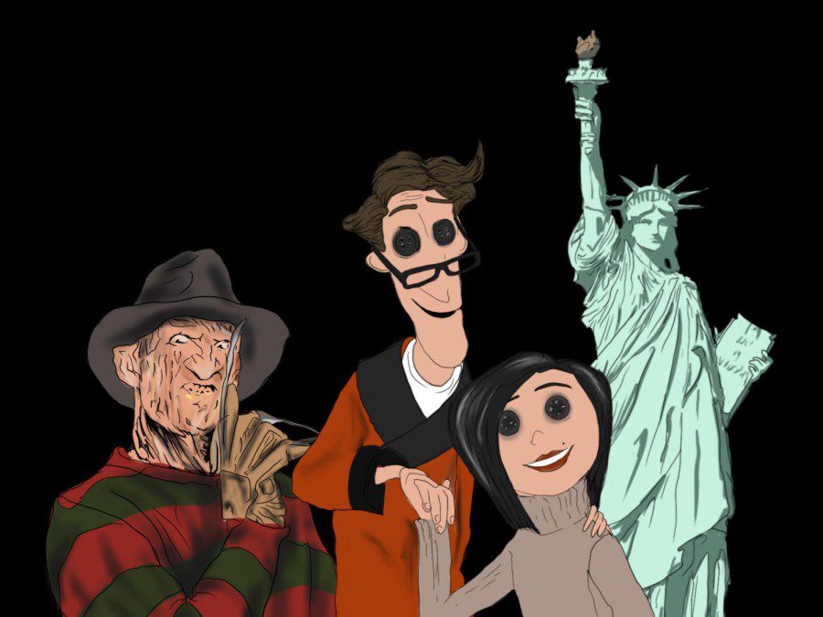 An illustration of four figures against a black background. From left to right: Freddy Krueger from “A Nightmare on Elm Street,” the Other Father and the Other Mother from the film “Coraline,” and the Statue of Liberty.