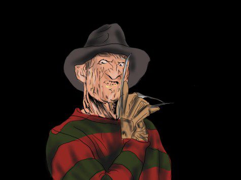 An illustration of Freddy Krueger wearing a striped red and green long-sleeve shirt, a black hat and his hands have long metal nails.