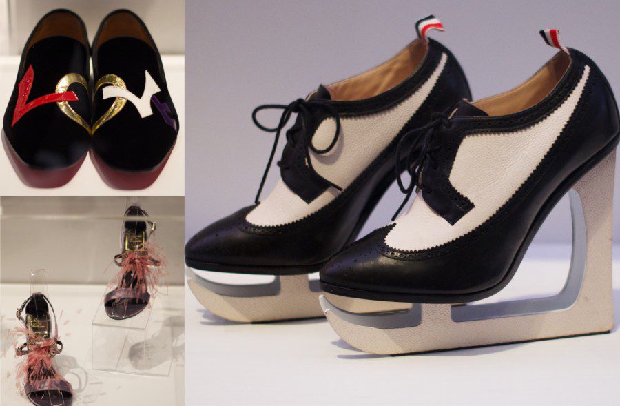 A collage of three photos: one on the right is a pair of shoes with black and white leather and blades resembling skating shoes; on the top left is a pair of shoes with black leather and red, gold, and white stripes; on the bottom left is a pair of high heeled shoes with pink feathers.