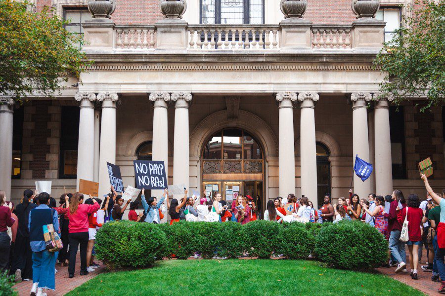 A+group+of+Columbia+residence+assistants+protest+outside+Barnard+College.