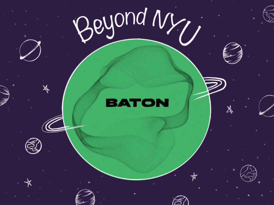An illustration of a green planet with text “BATON” written in the middle and text “Beyond NYU” above it. There are multiple smaller planets around the green planet against a purple background.